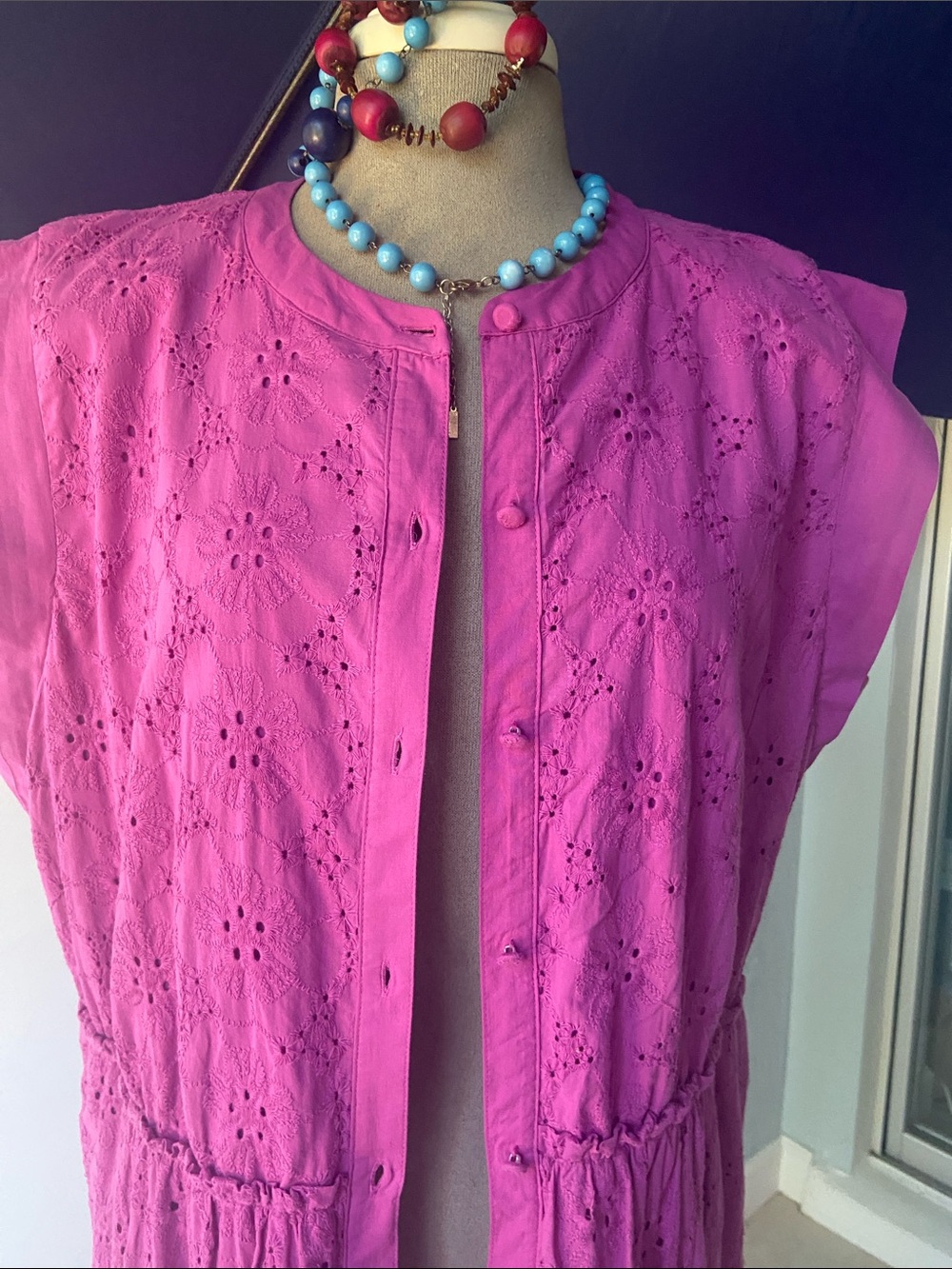 Draper James Fuchsia Pink Eyelet Button Down Sleeveless Dress